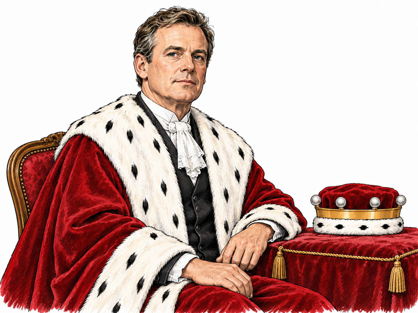 A baron in ceremonial robes sits beside a plain ball-topped coronet.