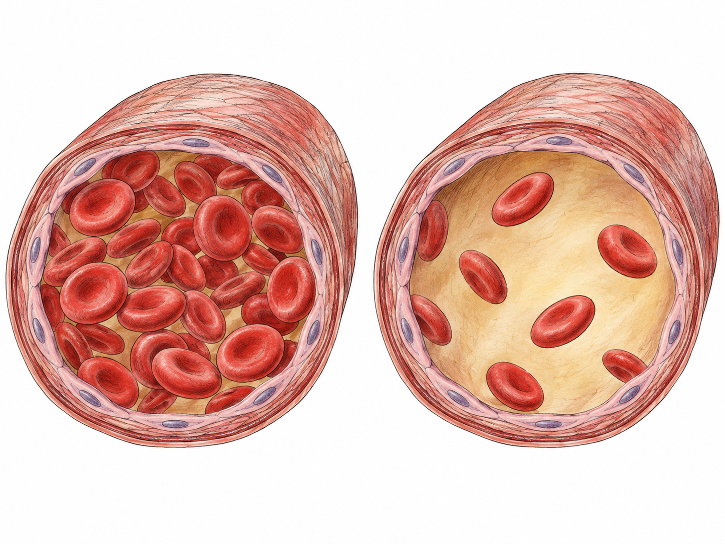 Two equal-size vessel sections compare plentiful red blood cells with a much lower concentration.