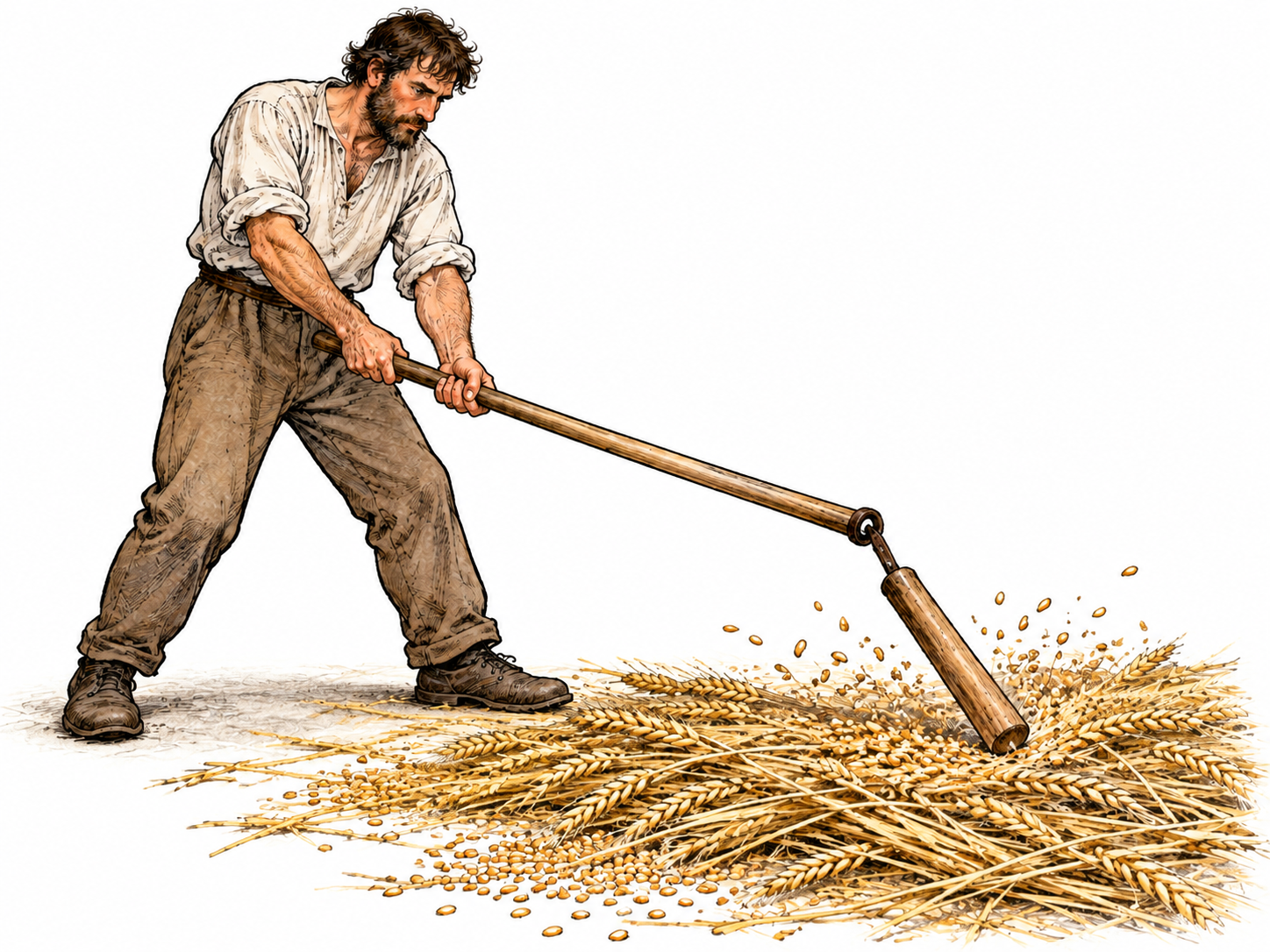 A farm worker swings a traditional two-part wooden threshing flail over harvested grain on a barn floor; show the long handle, flexible joint and shorter striking bar distinctly.