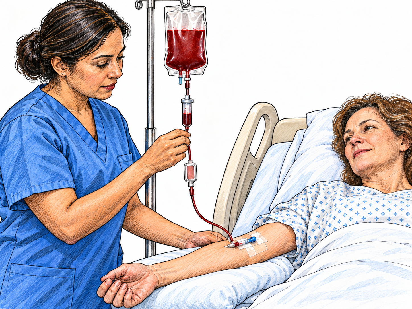 A nurse attends a blood transfusion into a patient's arm.