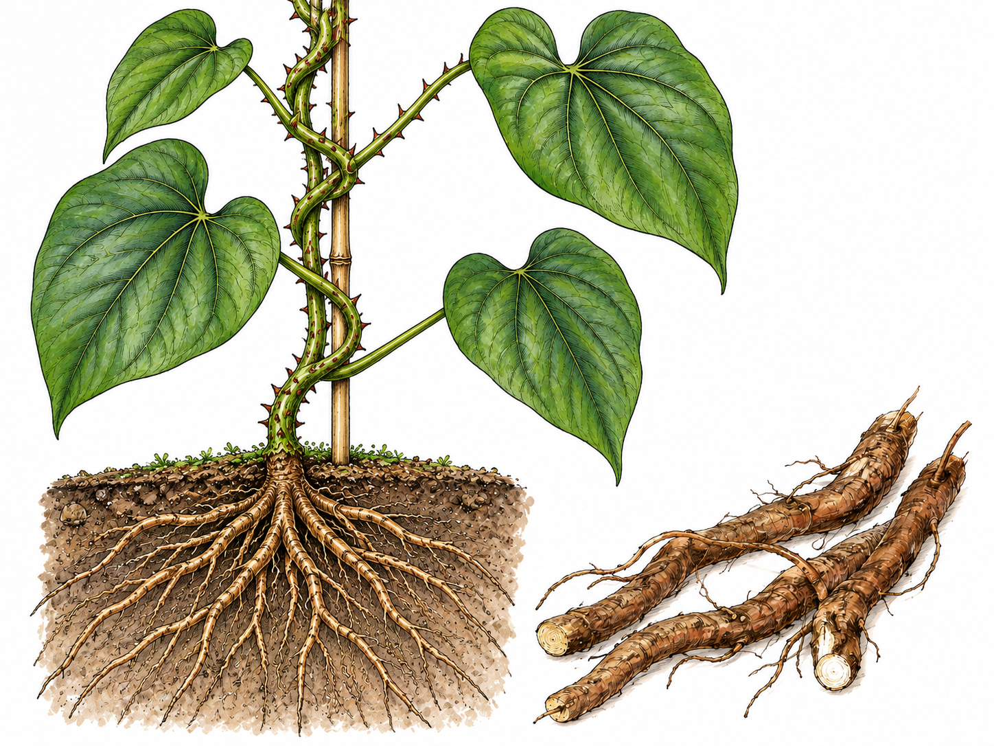 Prickly sarsaparilla vine with heart-shaped leaves climbs a cane above exposed roots.