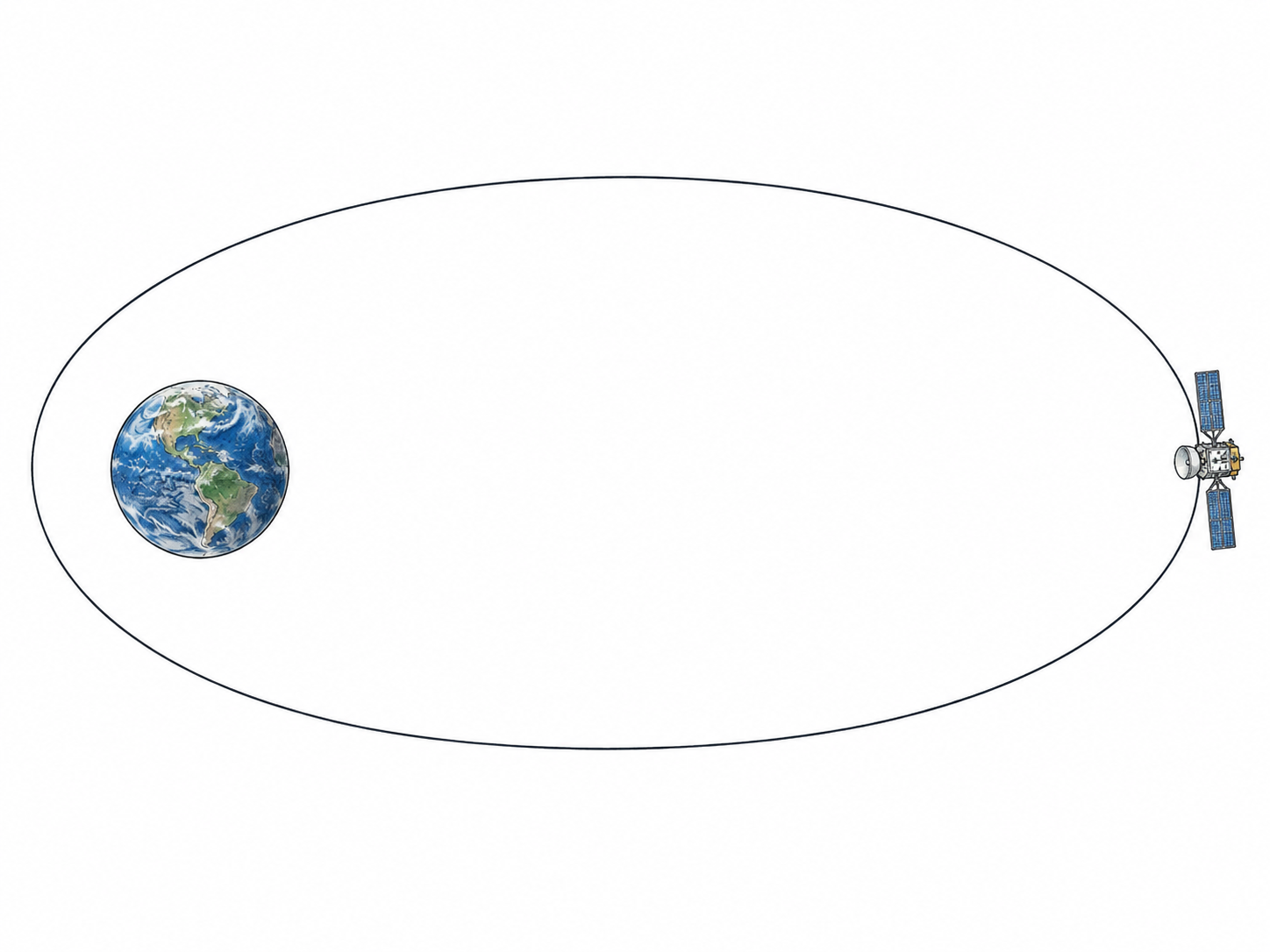 Earth near one focus of an elliptical orbit and a satellite at its farthest point.