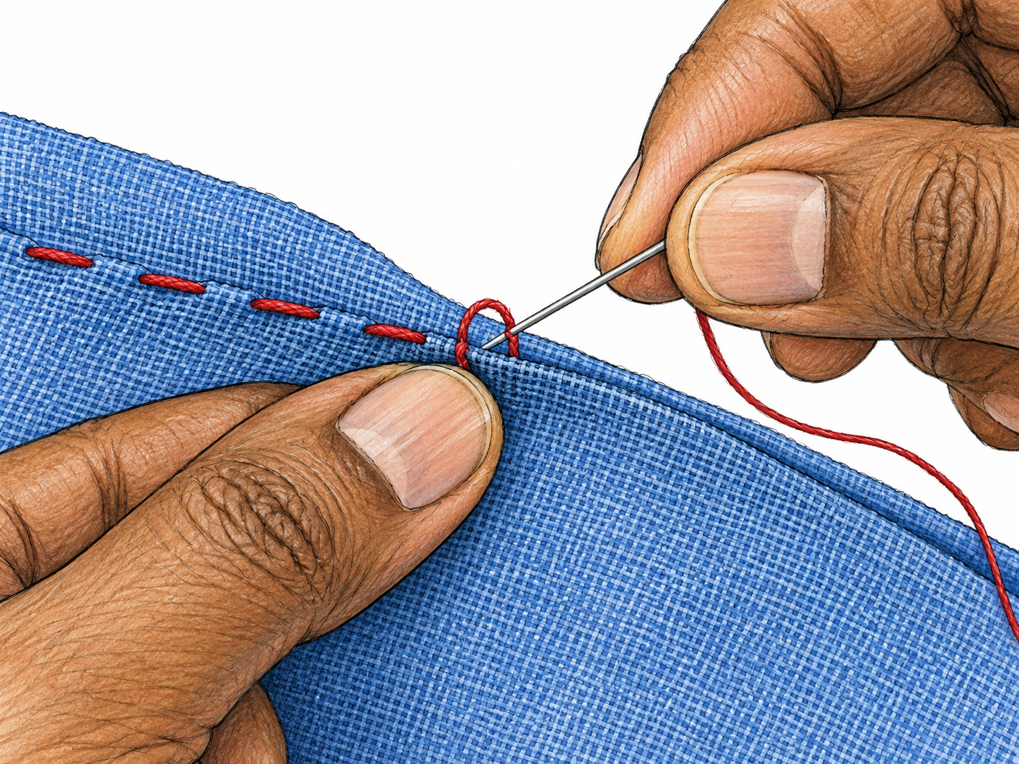 A sewing needle pulls red thread through folded blue cloth.