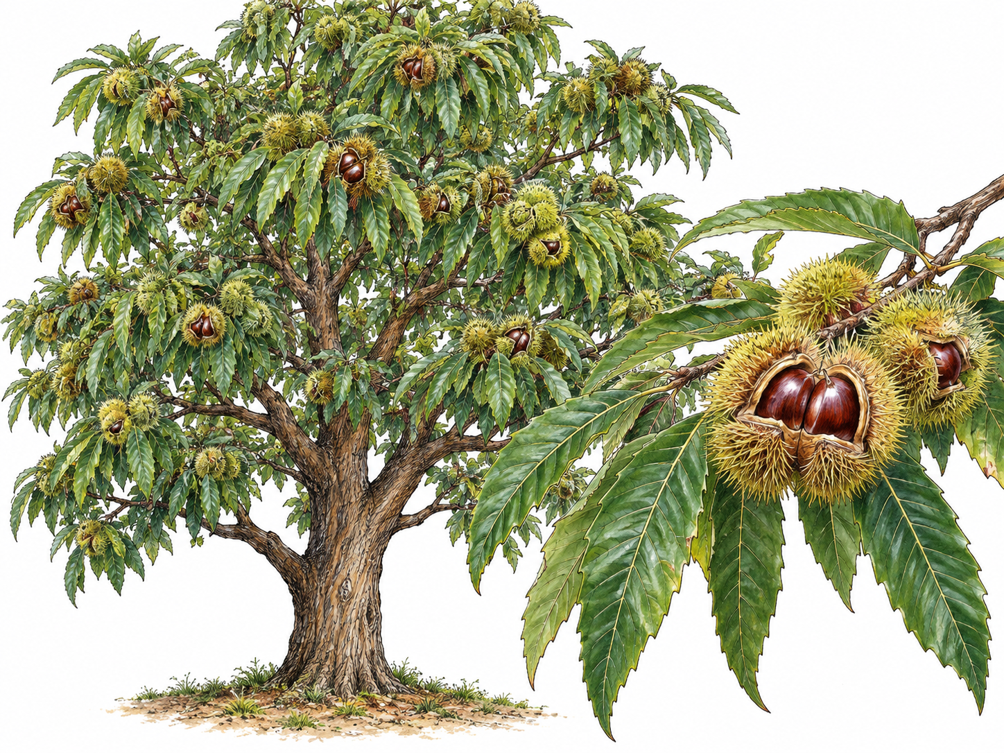 A whole sweet chestnut tree with long serrated leaves and open spiny burrs revealing glossy brown nuts on one foreground branch.