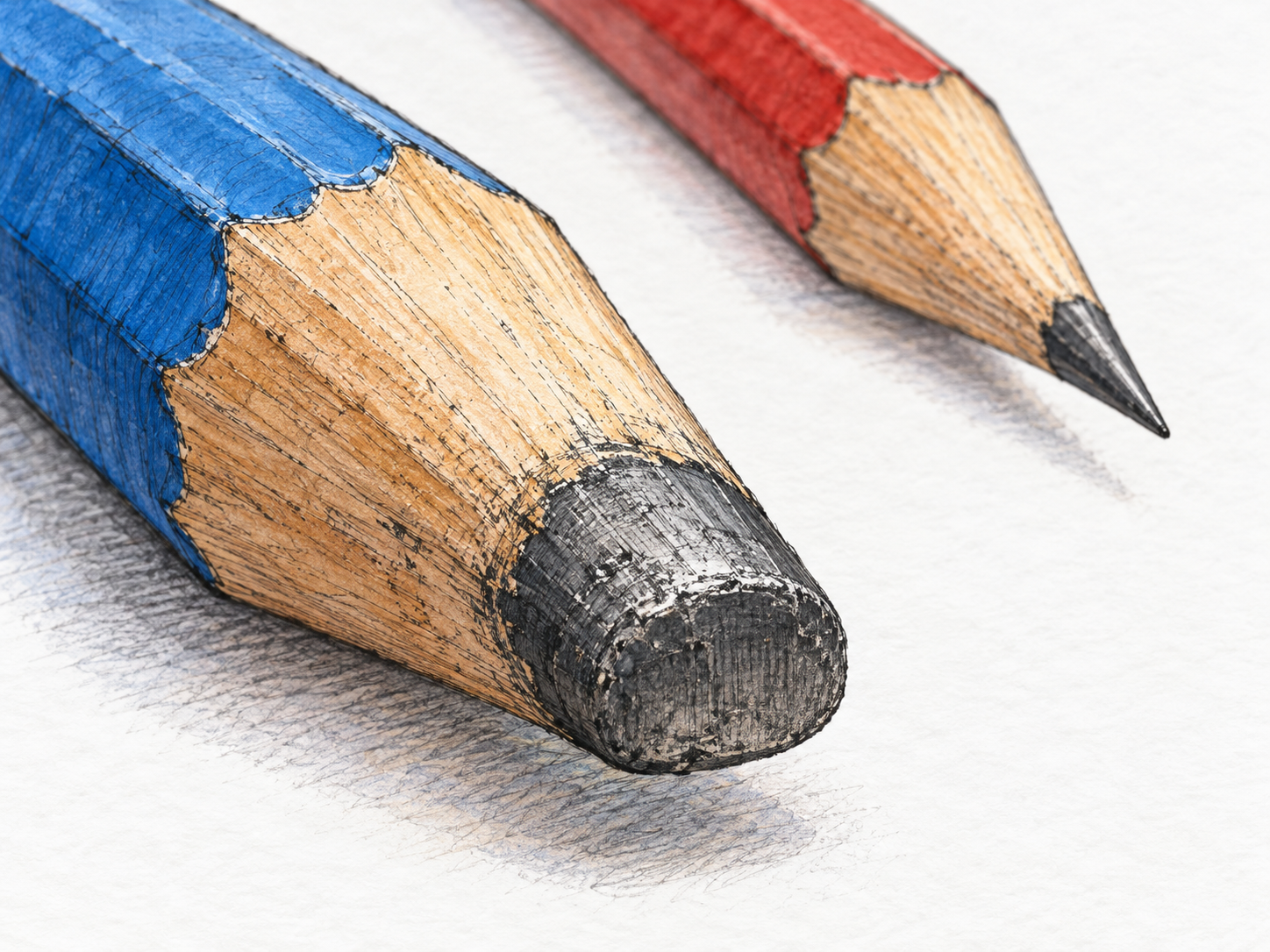 A blue pencil has a broad blunt tip beside a red pencil with a sharp point.
