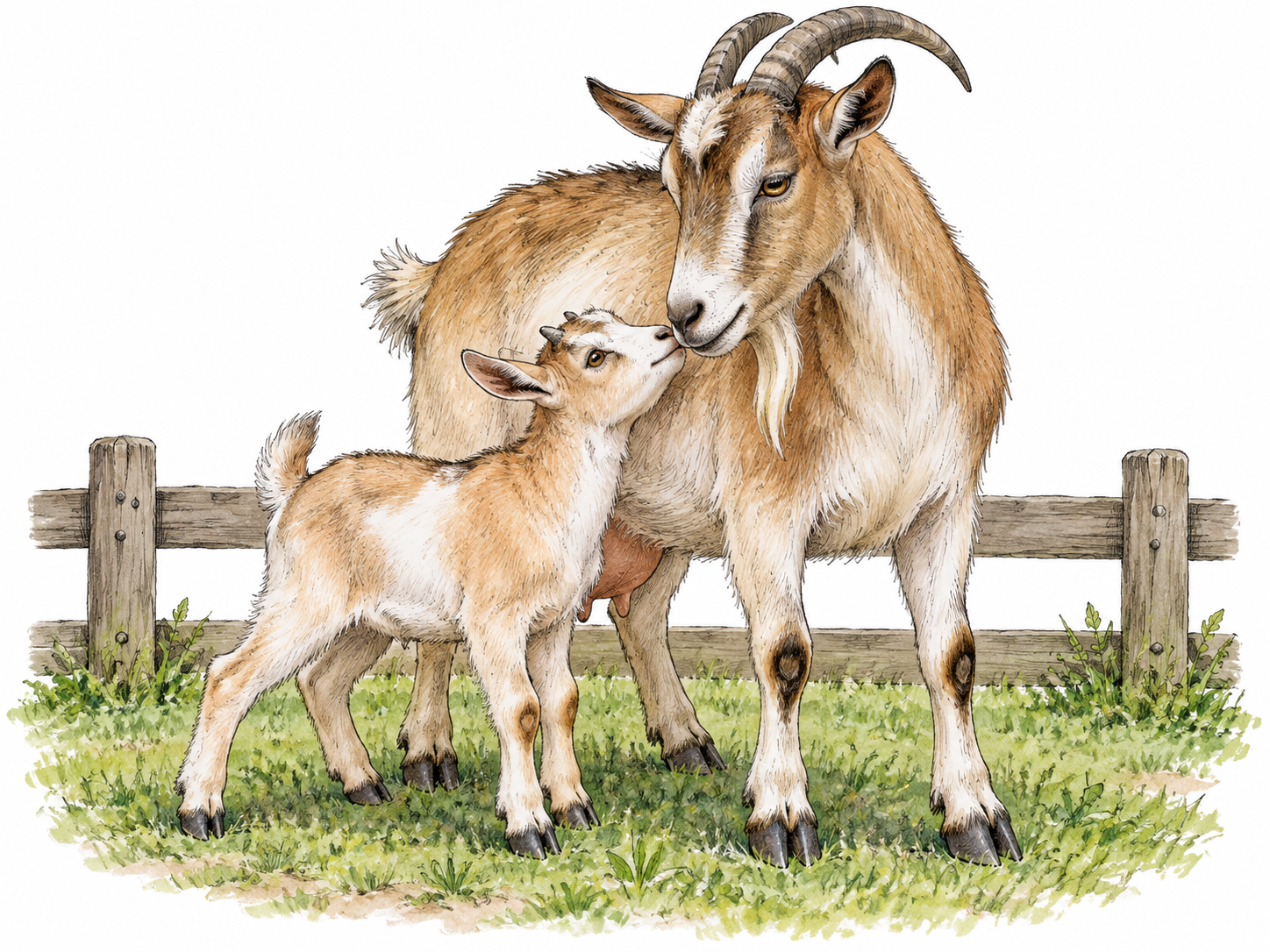 A young goat with tiny horns nuzzles a much larger adult goat.