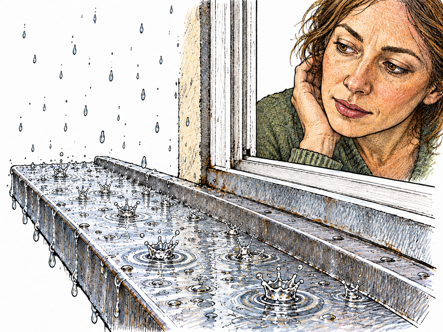 Small raindrops strike a metal windowsill beside an attentive listener.