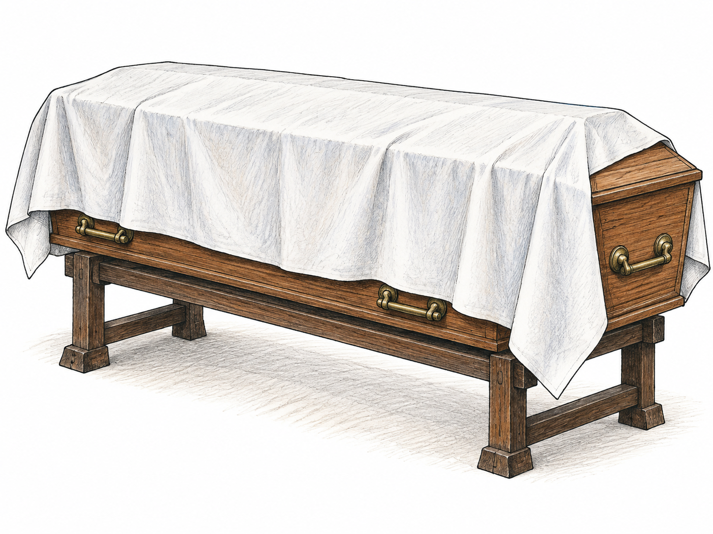 A white cloth drapes over a closed wooden coffin resting on a bier.