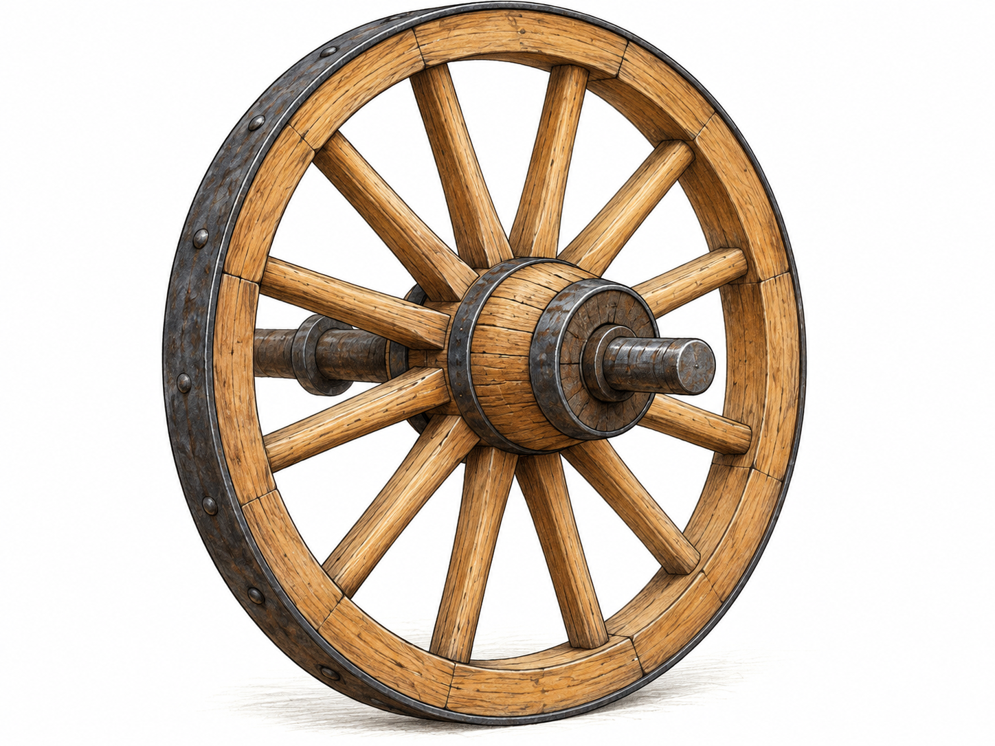 Wooden spokes connect the wheel's rim to a thick central hub around its axle.