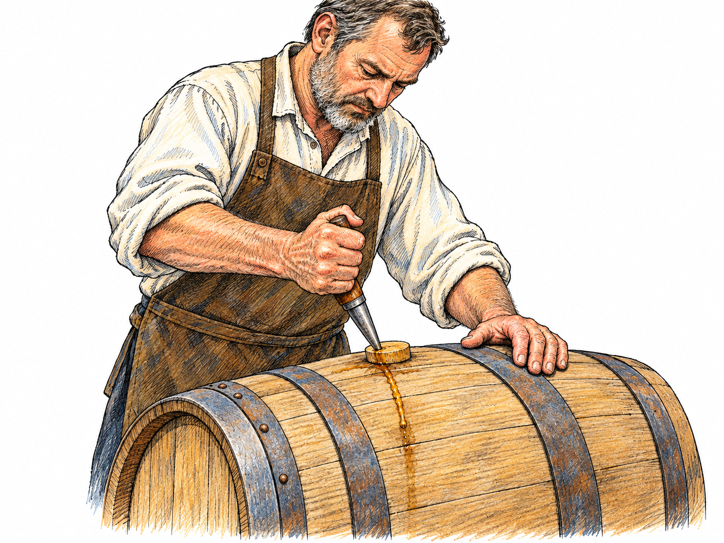 A cooper drives a pointed tapping tool through the bung of a wooden cask, creating a visible opening through which a little liquid begins to flow.