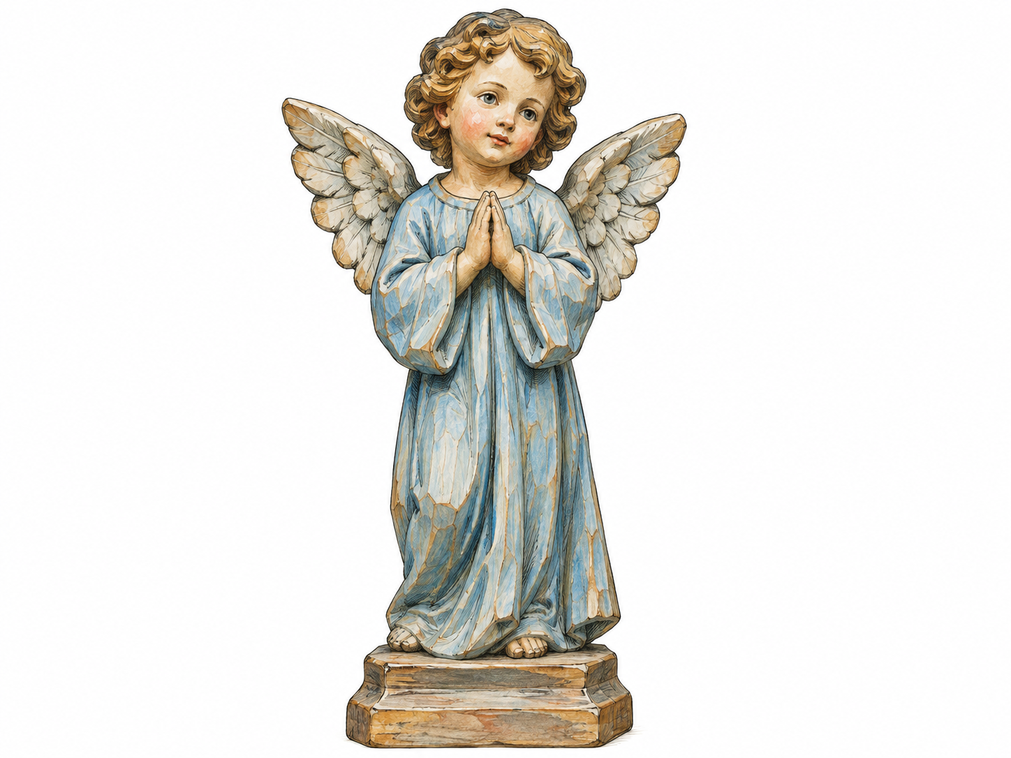 A painted wooden cherub with a childlike face, feathered wings and blue robe.