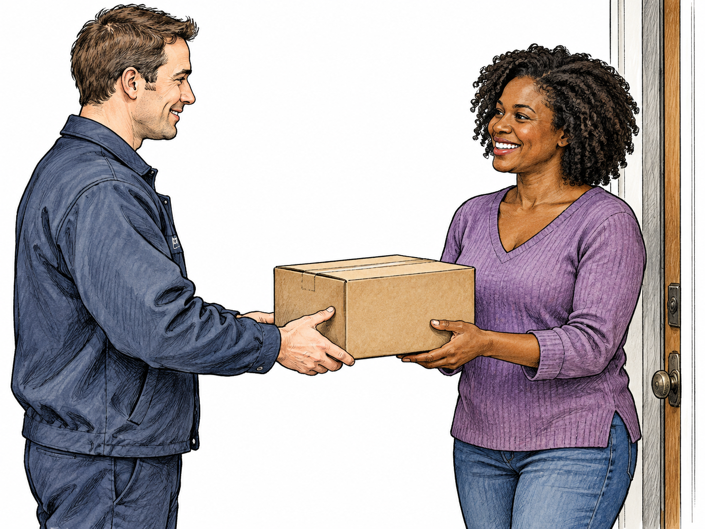 Courier hands plain parcel to resident inside doorway, hands meet beneath box.
