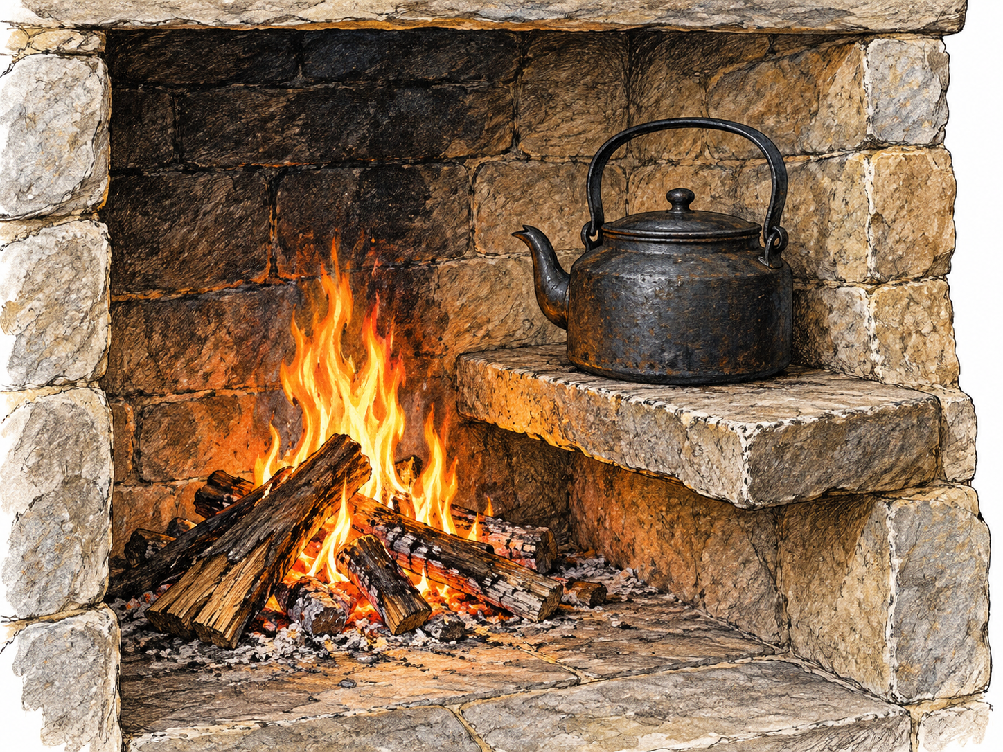 A black kettle rests on a raised stone ledge beside an open hearth fire.