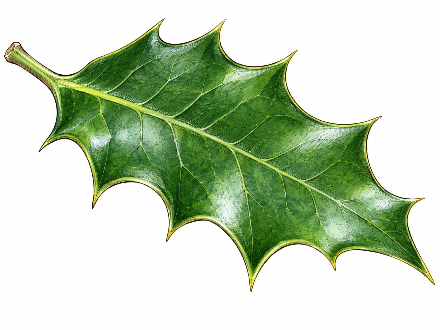 A close natural-history view of a leaf edge with one sharply projecting pointed cusp emphasized by lighting and composition; the whole edge remains readable.
