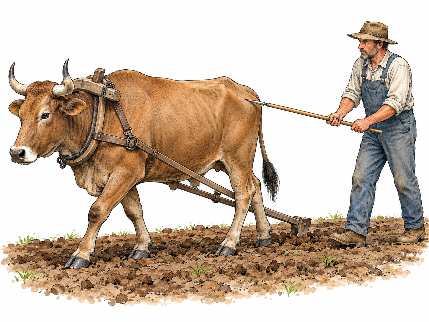 A farmer lightly prods a harnessed ox with a pointed goad as it steps forward.