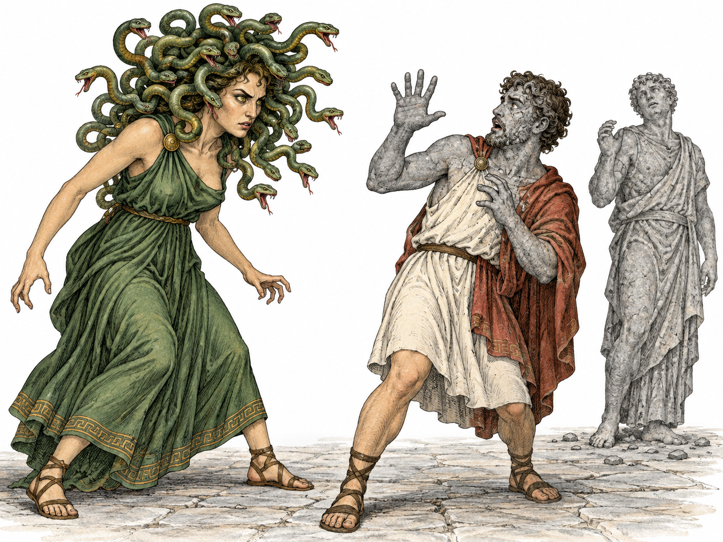 A snake-haired gorgon stares at a traveler whose upper body is turning into cracked gray stone.