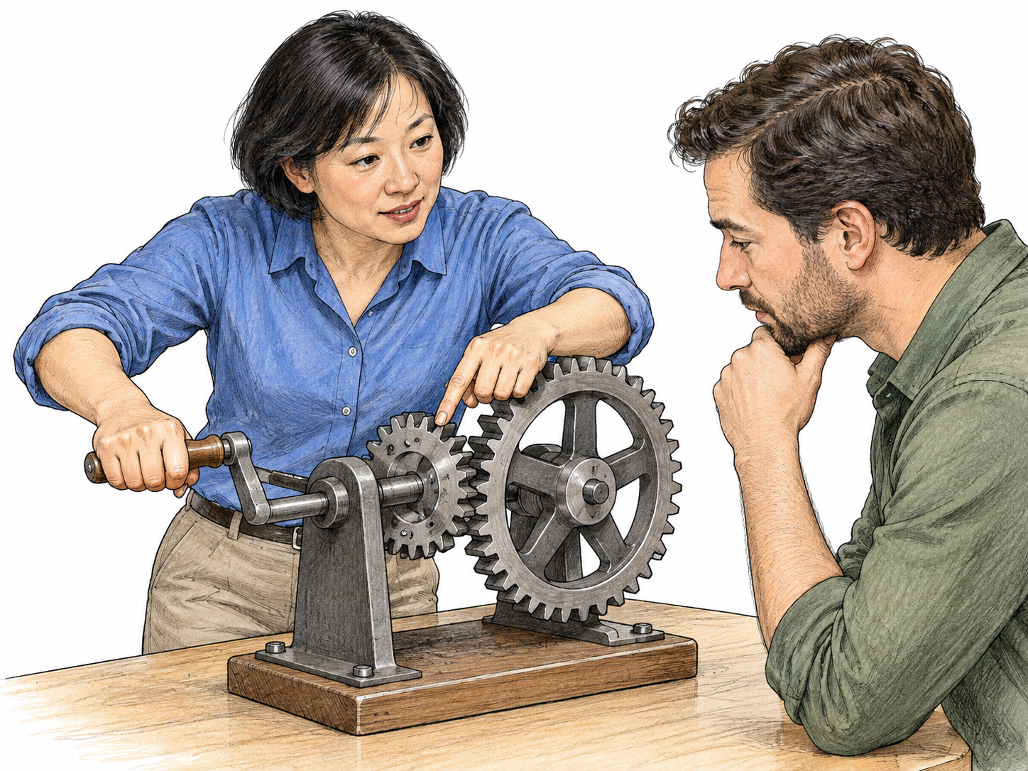 An instructor points precisely to the visible interlocking teeth of an opened hand-cranked gear model while turning its handle for attentive viewers.