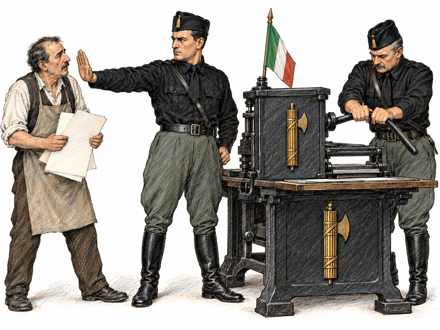 Two Blackshirt officials block a printer from a press bearing fasces emblems beside an Italian flag.