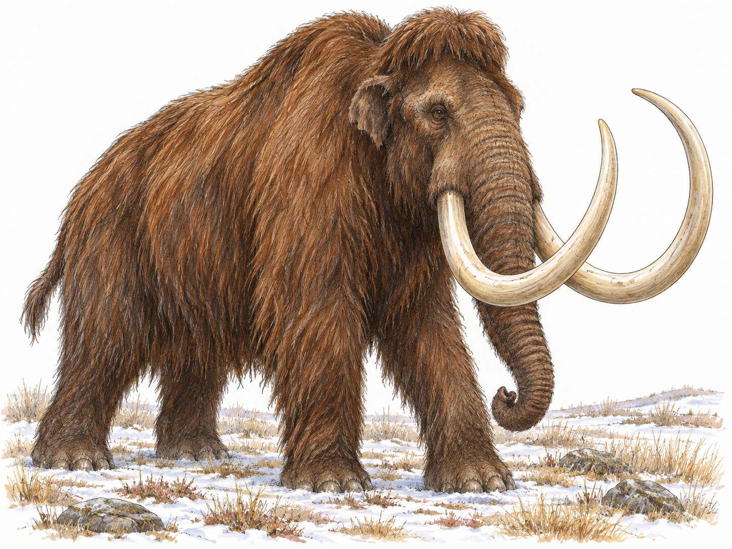 A shaggy woolly mammoth with long curved tusks stands on sparse snowy grassland.