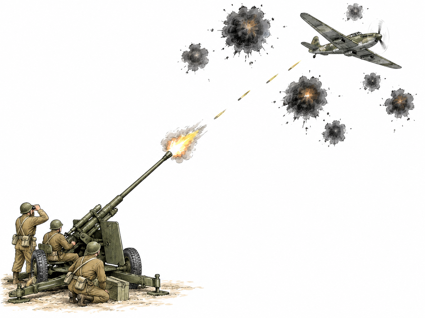 An anti-aircraft gun aims upward toward a small military aircraft, with dark shell bursts surrounding the plane along the gun's firing direction; no casualties.