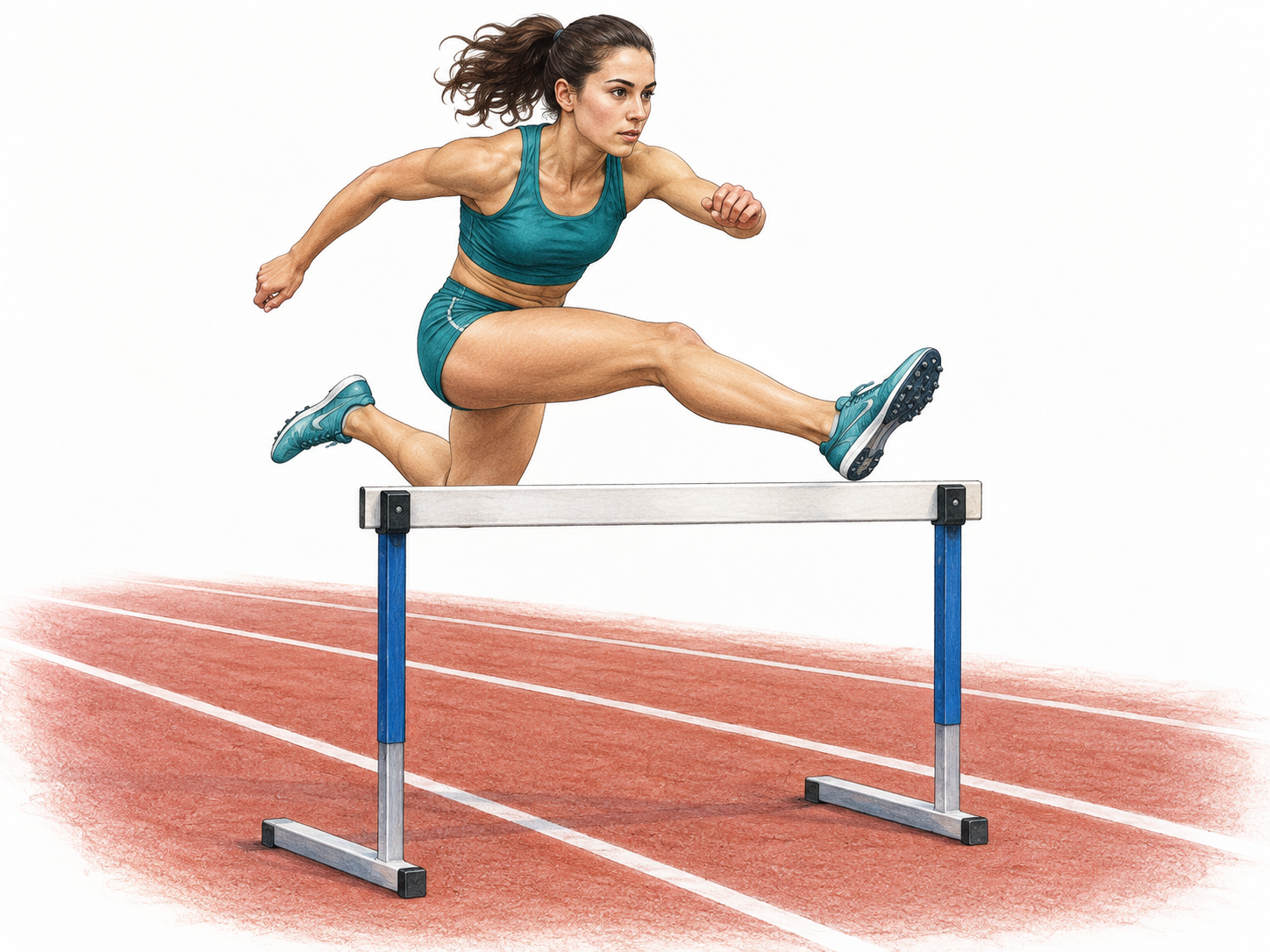 An athlete jumps over a track hurdle with an extended lead leg and bent trailing leg.