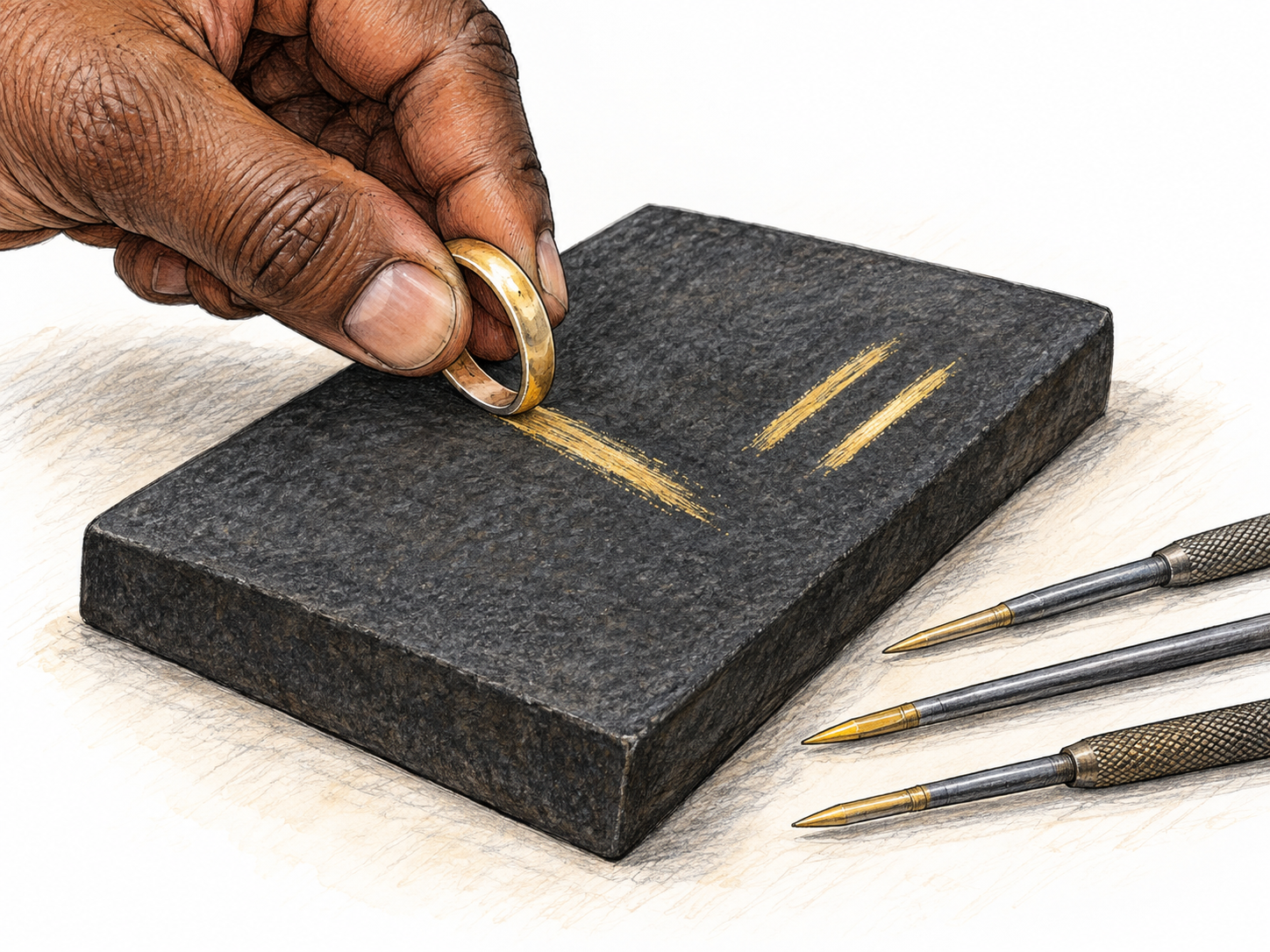 A gold ring leaves a streak on a black testing stone beside comparison marks.