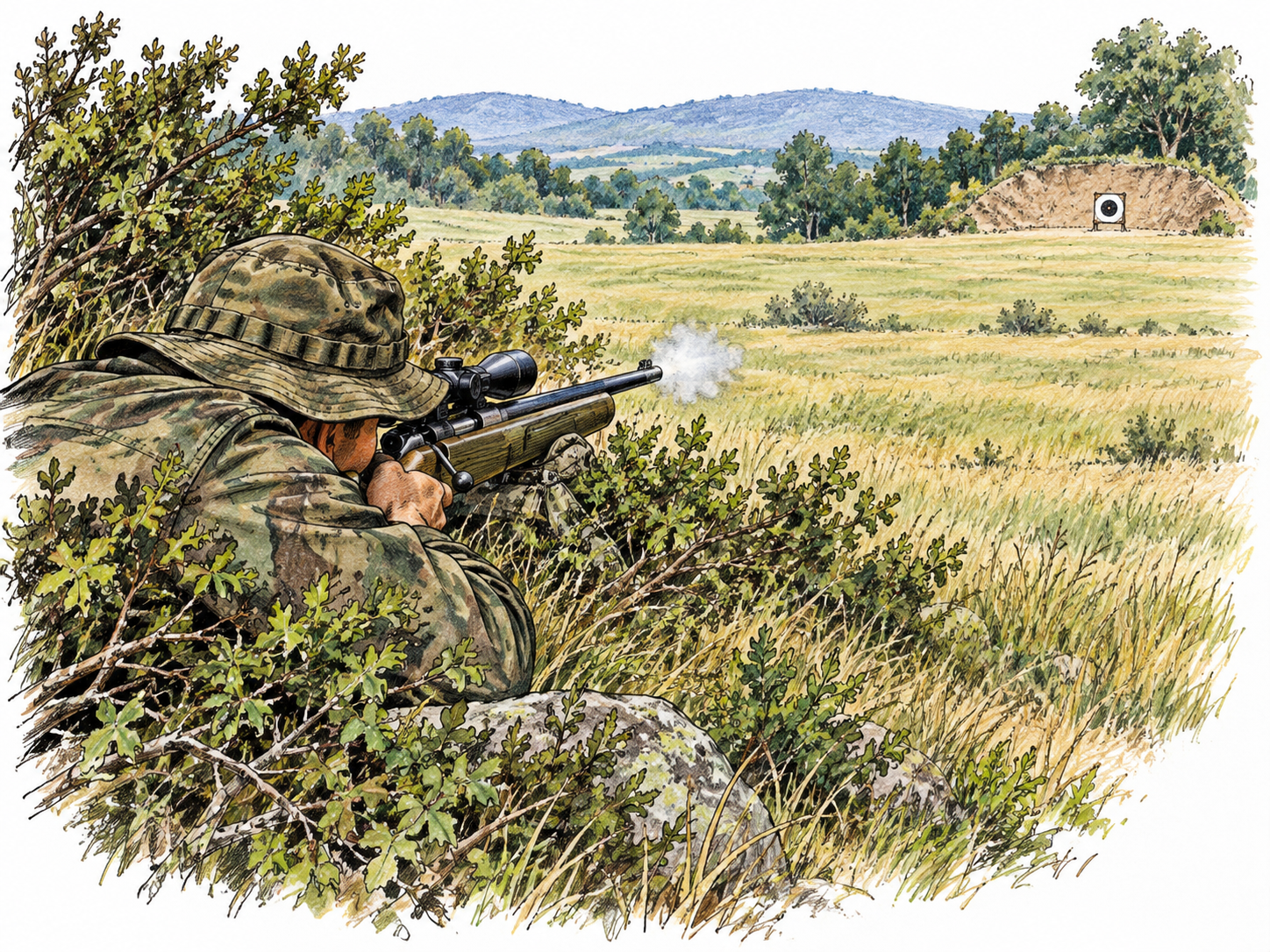 A marksman concealed in brush fires across a field toward a distant practice target.