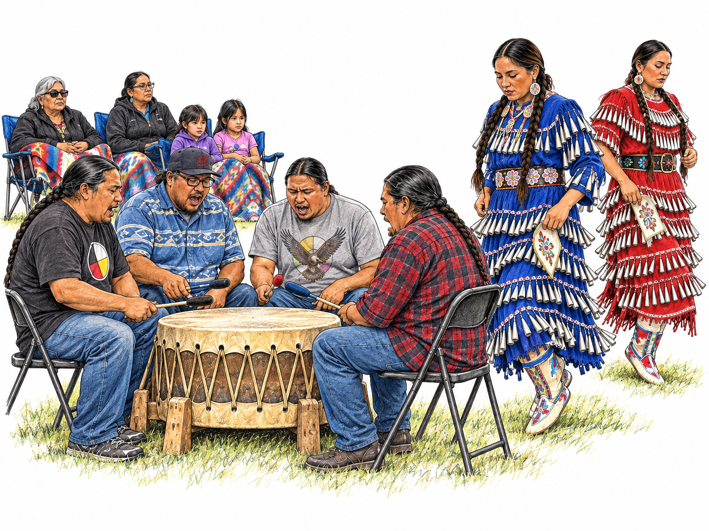 Singers share a large drum while jingle-dress dancers step nearby and families watch.