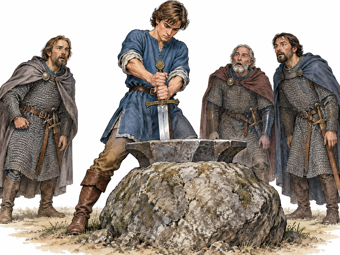 Arthur pulls a sword from an anvil set into a boulder as astonished knights watch.