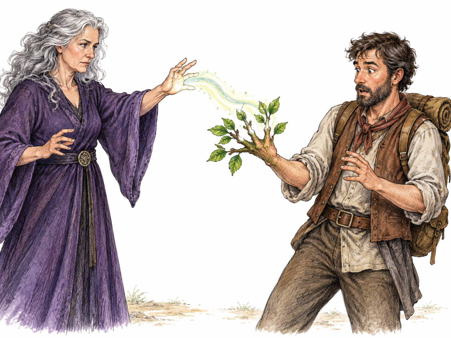 A clearly imaginary sorcerer directs a glowing spell toward an adult whose hand visibly transforms into a leafy branch while the rest of the body remains human.