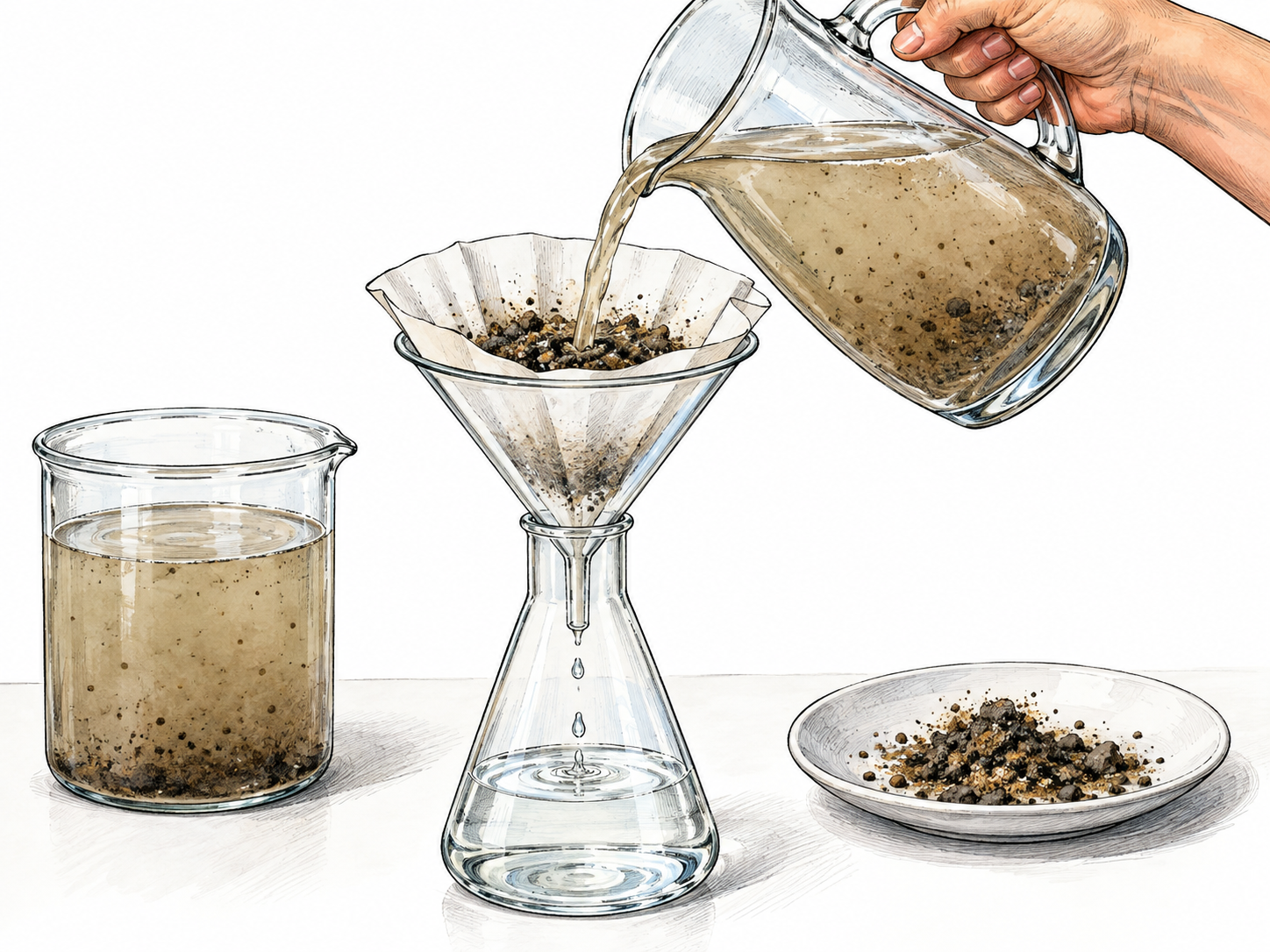 Cloudy liquid pours through filter paper into a clear glass vessel; visible particles stay in the filter and the emerging liquid is transparent.