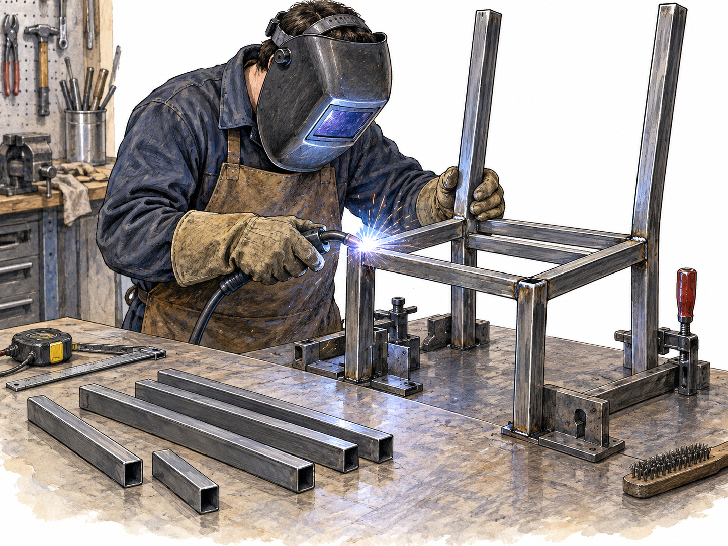 A craftsperson clamps prepared metal tubes into a jig and welds them into a chair frame, with loose matching components and the growing structure in one compact view.