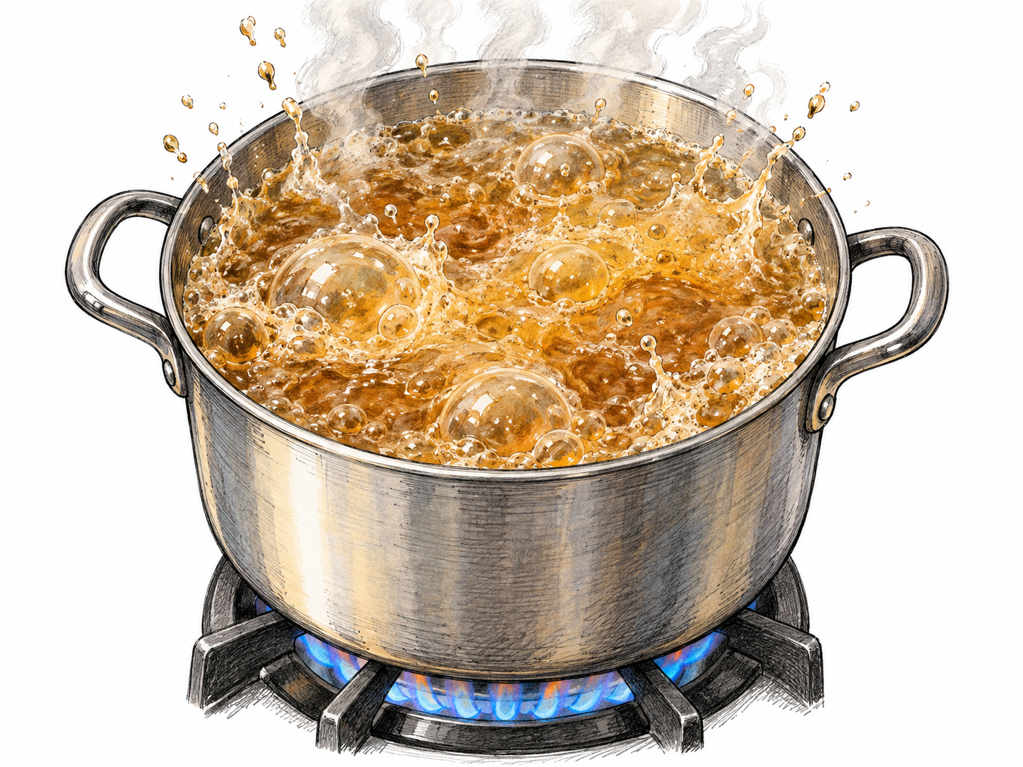 Broth bubbles and churns vigorously in a pot over a burner.