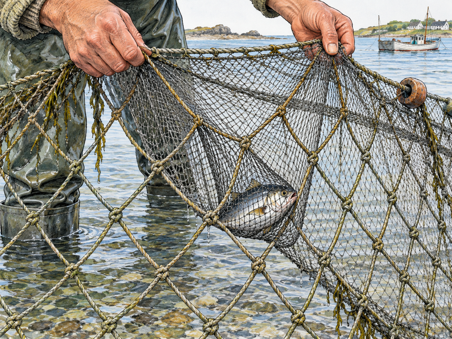 A fish is pocketed in fine inner netting between layers of wider mesh.
