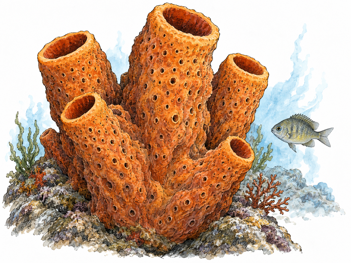 An orange tube sponge with porous walls grows on a rock beside a fish.