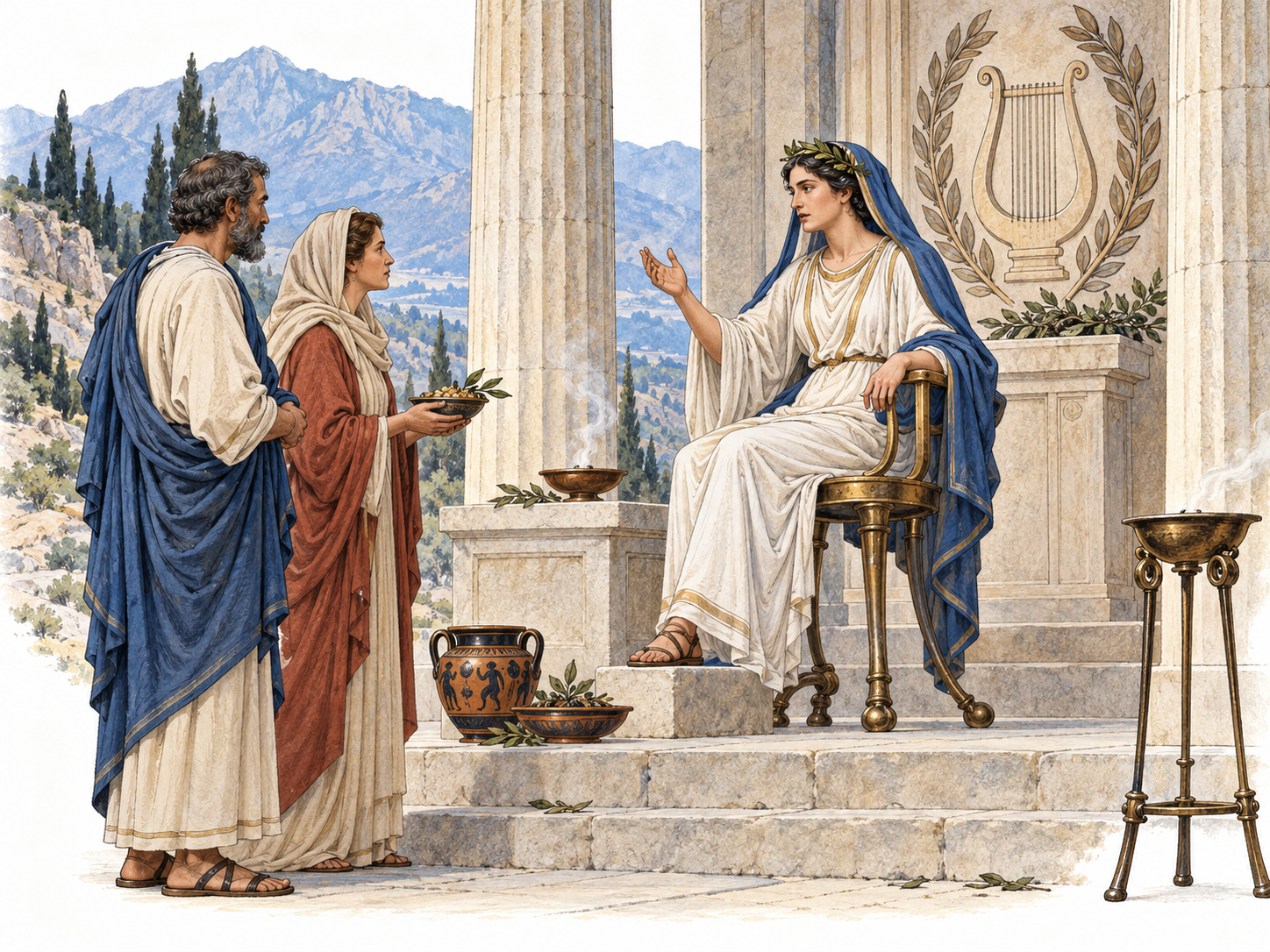 Visitors carrying offerings consult a seated priestess in Apollo's sanctuary.