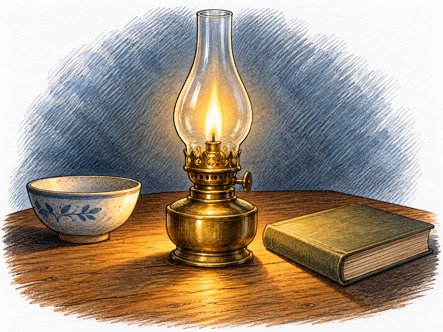 A glowing oil lamp casts warm light onto a nearby bowl, book and tabletop.