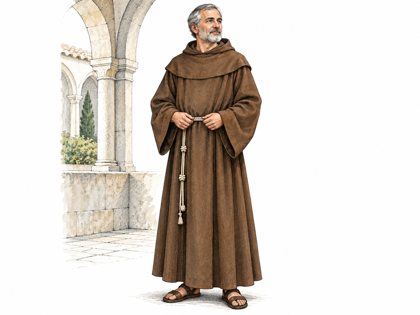 A monk wears a long brown robe tied with a simple cord in a cloister.