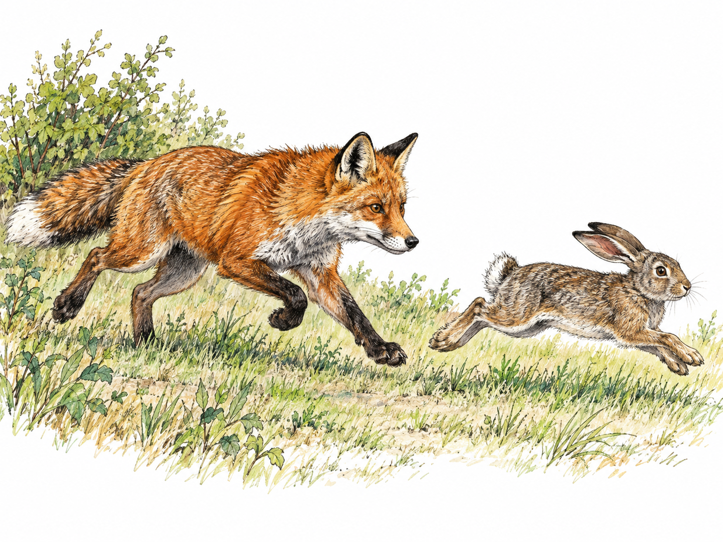 A red fox pursues a fleeing rabbit across a grassy clearing.