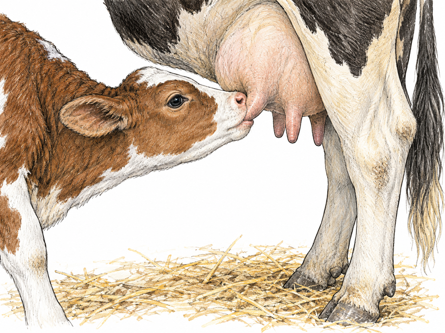 A calf suckles one teat on its mother's udder beside other visible teats.