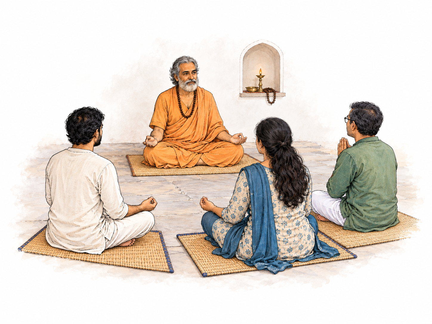 A spiritual teacher guides three seated students in meditation beside a lamp and prayer beads.