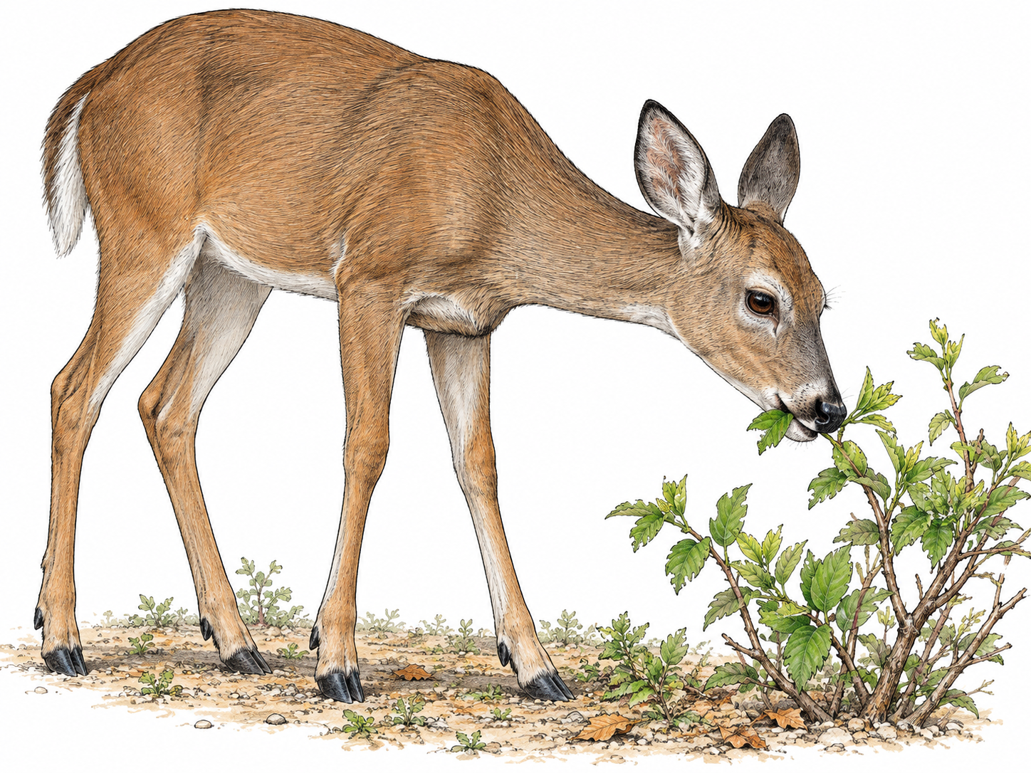 A deer pinches tender leafy shoots from a low shrub with its lips; other leaves remain attached and its mouth visibly contacts the selected sprig.