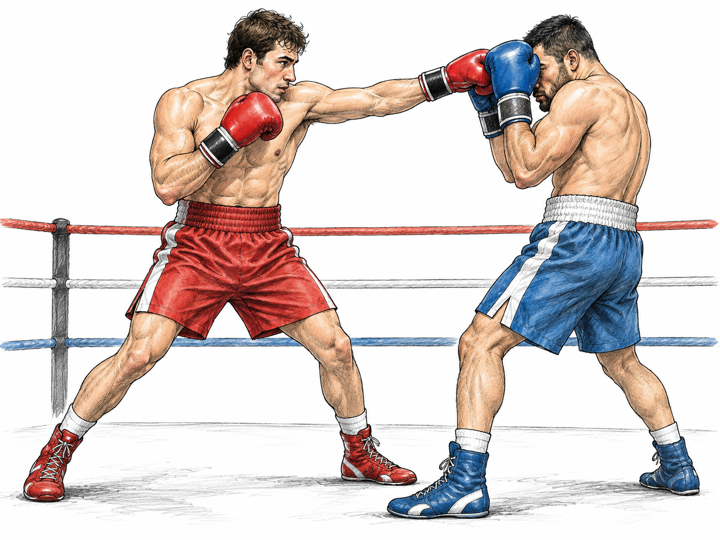 Two adult boxers face each other inside a ring, one delivering a controlled gloved punch that the other blocks; no blood or injuries.