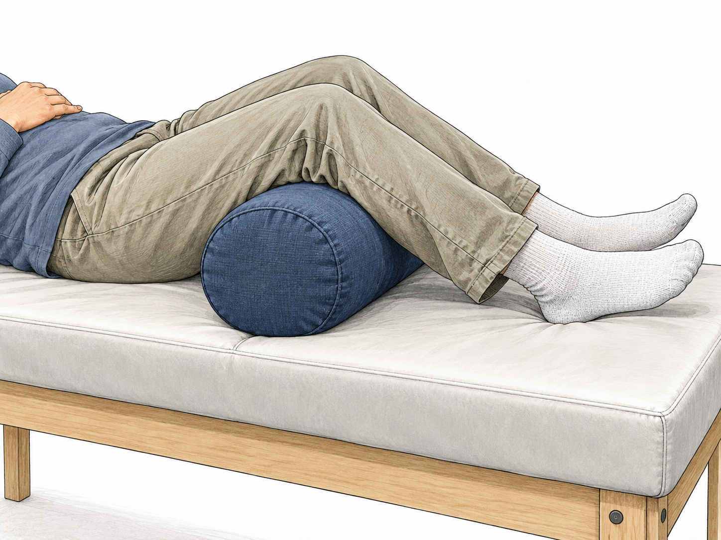 A firm blue cylindrical bolster supports the bent knees of a person resting on a couch.