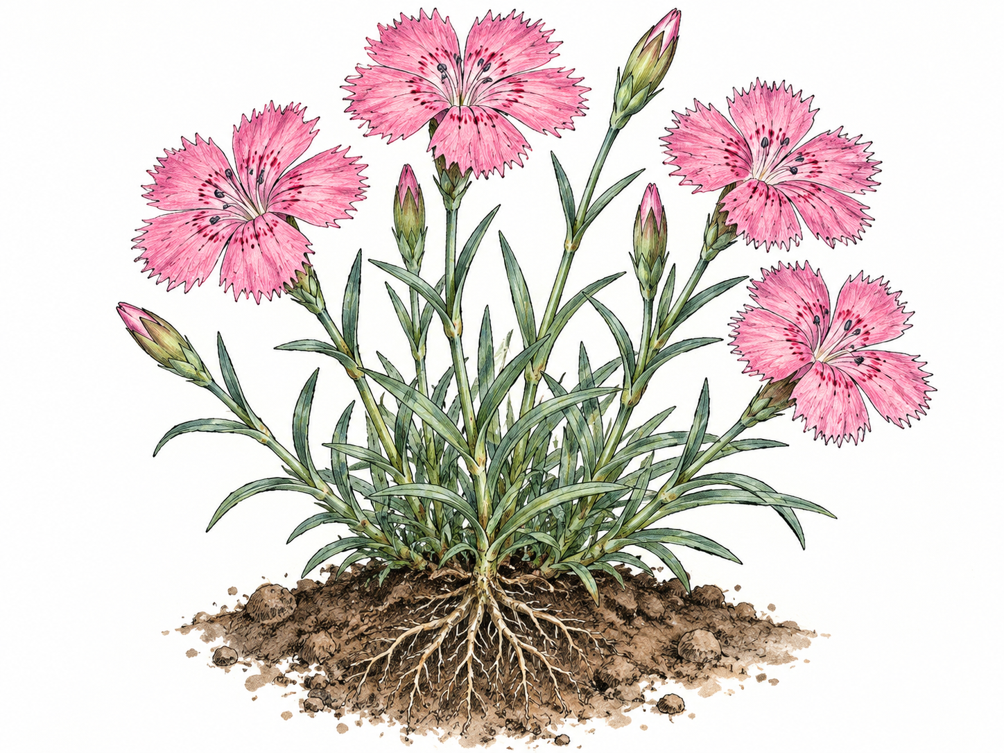 A pink plant with fringed pink flowers, slender stems, and narrow leaves.