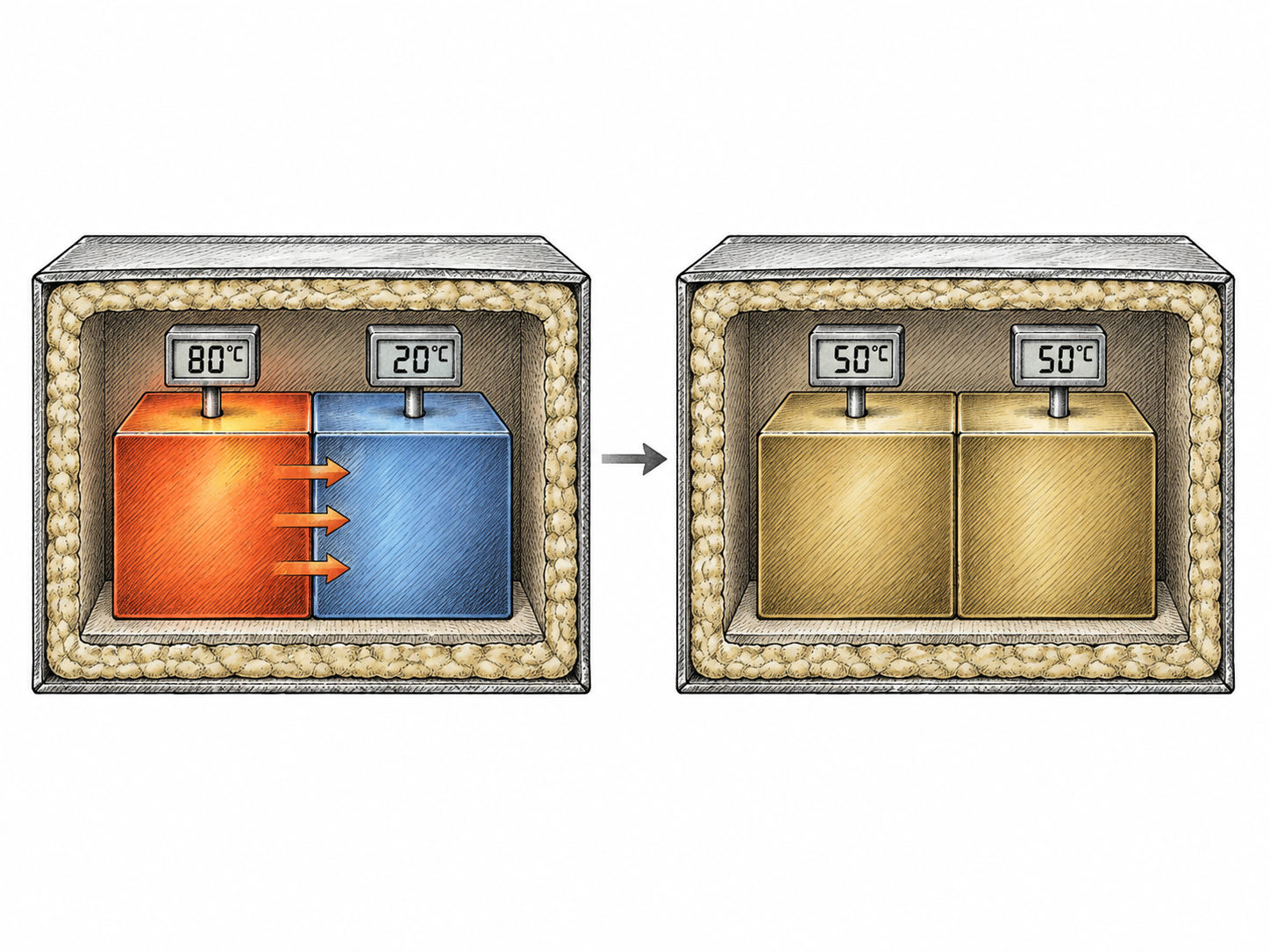 Two touching blocks in an insulated box exchange heat, changing from 80 and 20 degrees Celsius to 50 degrees each.