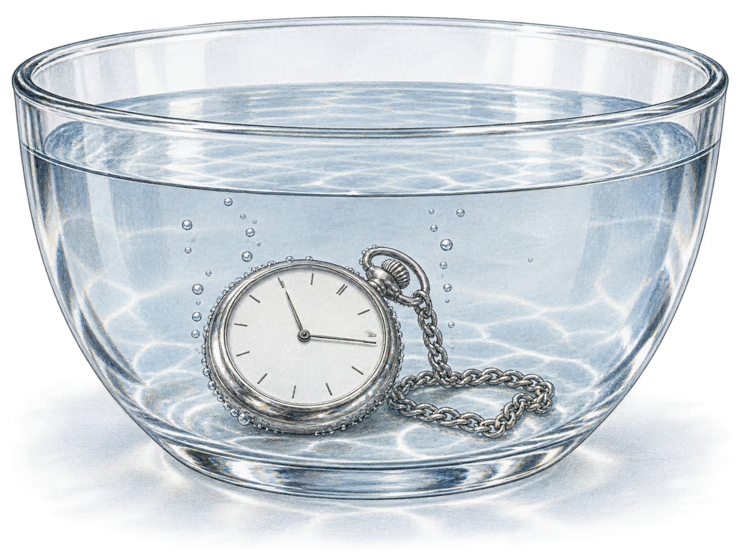 A pocket watch and its chain lie entirely underwater in a clear glass bowl.