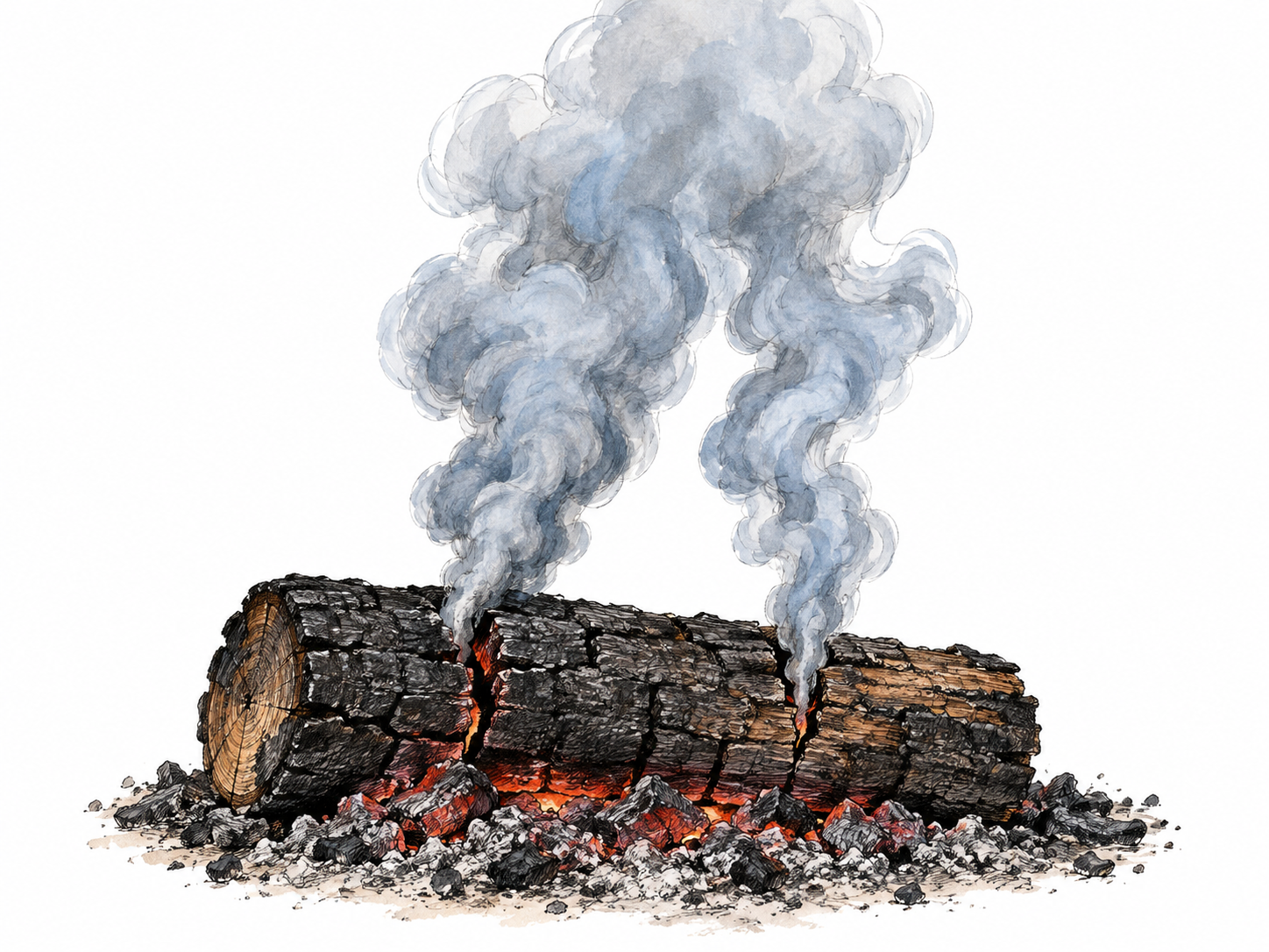 A charred log gives off thick curling smoke above glowing embers.