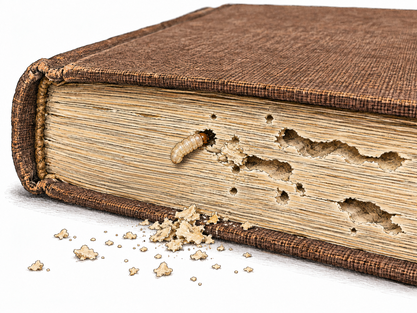 A close natural-history view shows one small pale insect larva actively chewing a tunnel through the paper edge of an old closed book, with fresh paper dust nearby.