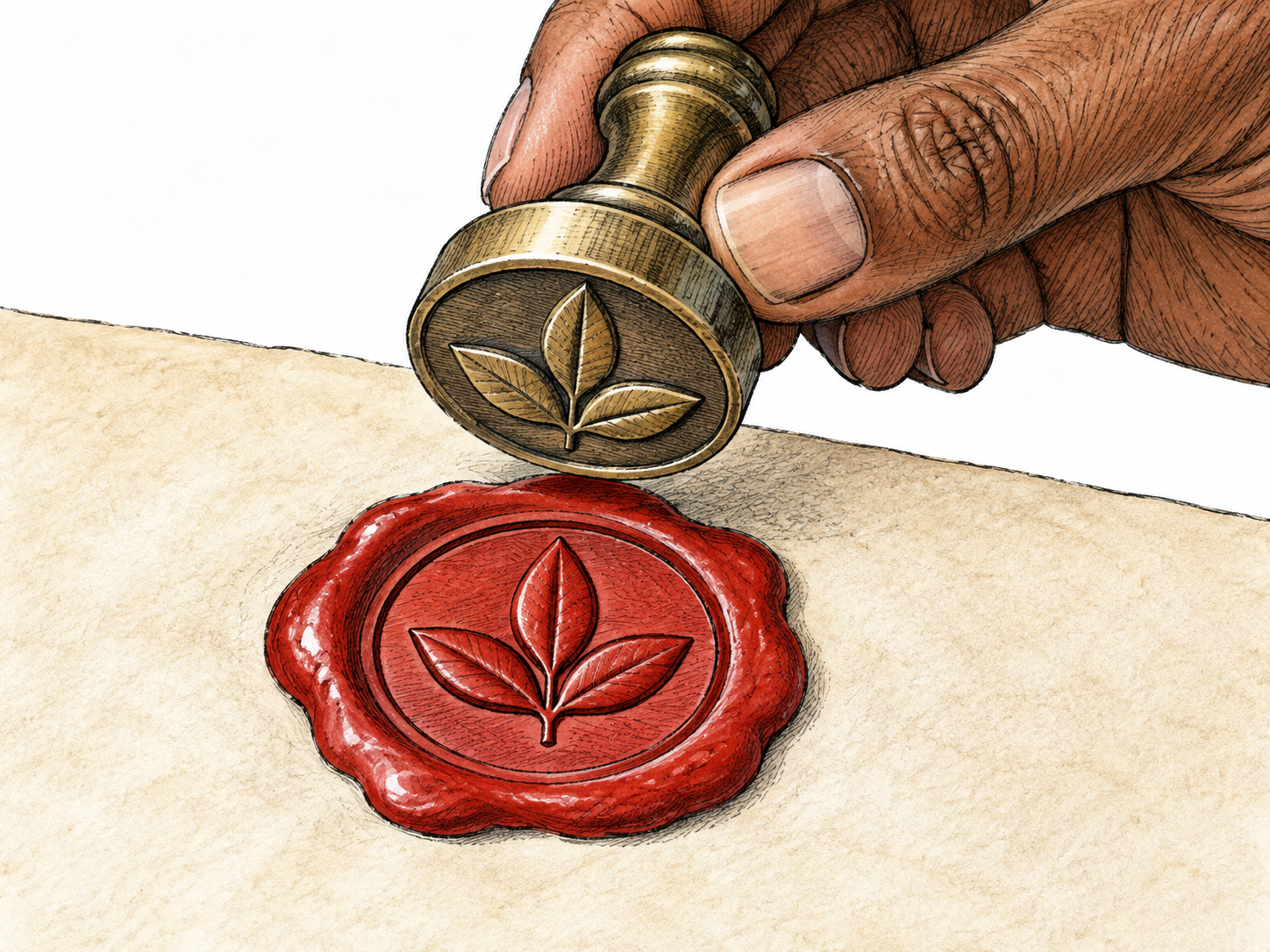 A metal stamp lifted above its matching leaf impression in red wax.